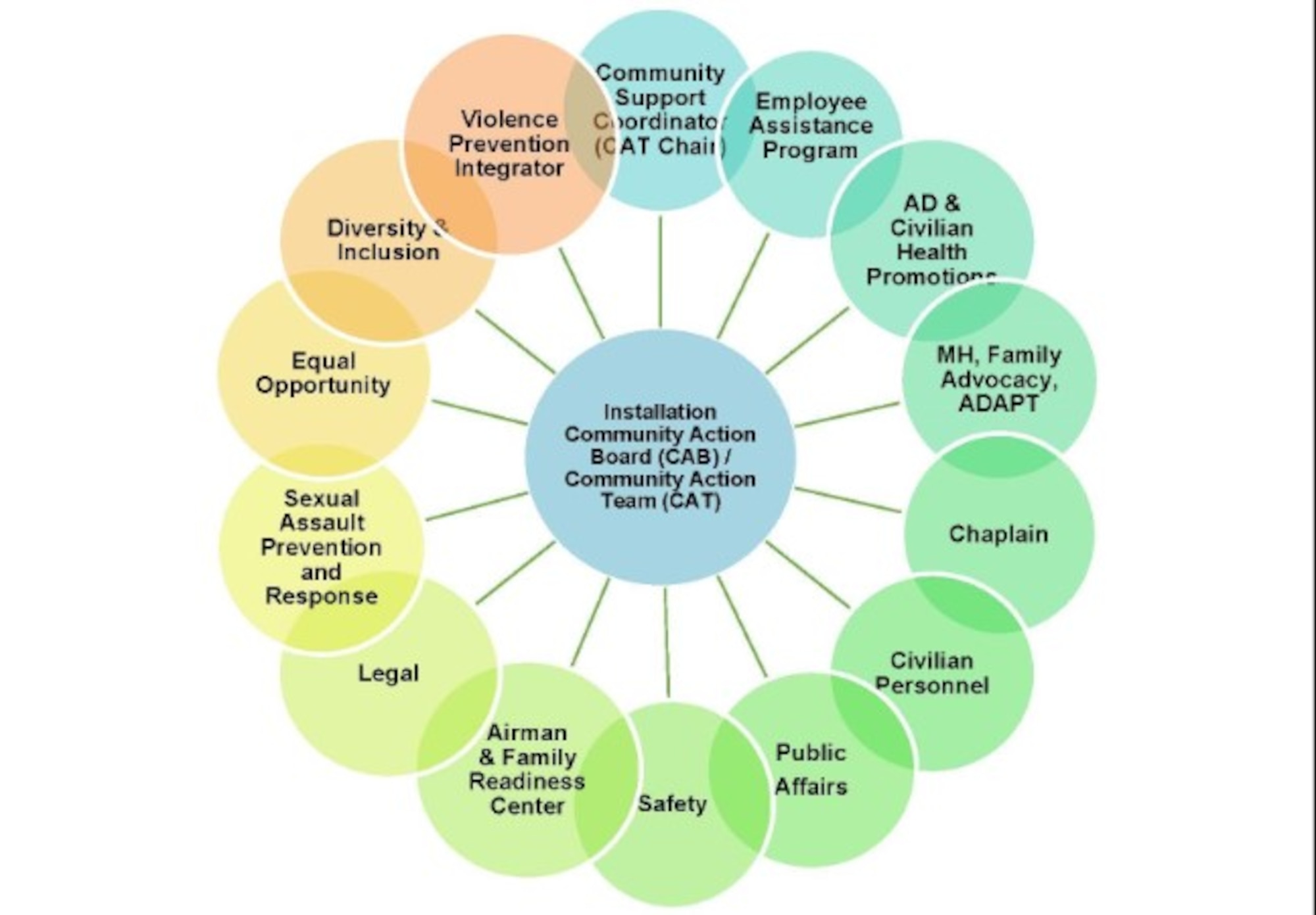 Community Action Team (CAT) members includes each of these programs. The CAT and the Community Action Board represent AFMC subject matter experts and leaders working together to take care of what matters most—the total force Airmen and their families.