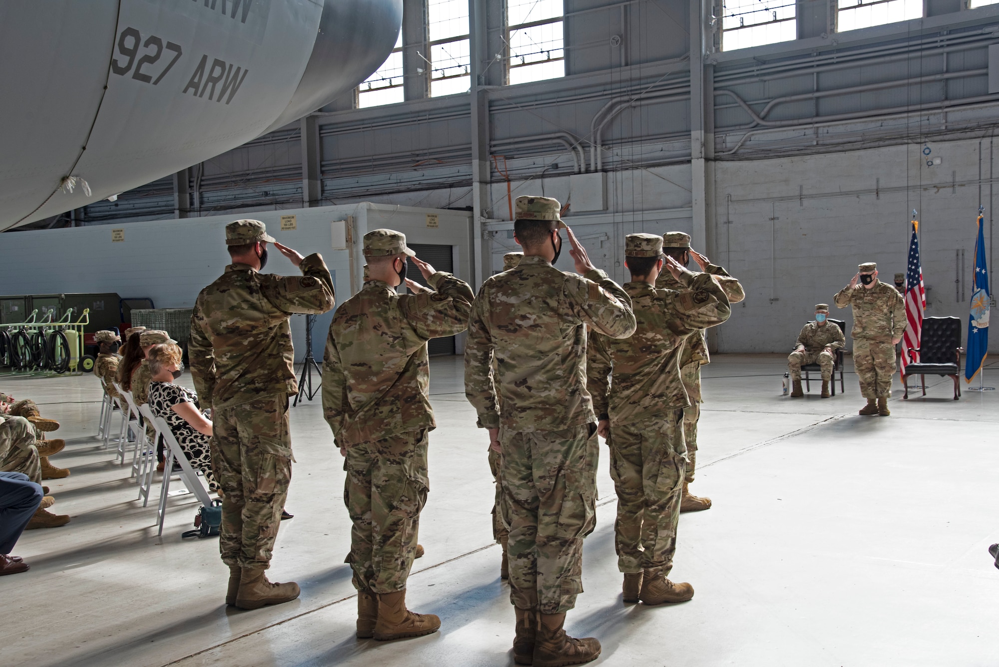 Airmen assigned to the 6th Maintenance Squadron (MXS) render a first salute to U.S. Air Force Maj. Aaron W. Darty, the incoming 6th MXS commander during a change of command ceremony, May 10, 2021 at MacDill Air Force Base, Florida.