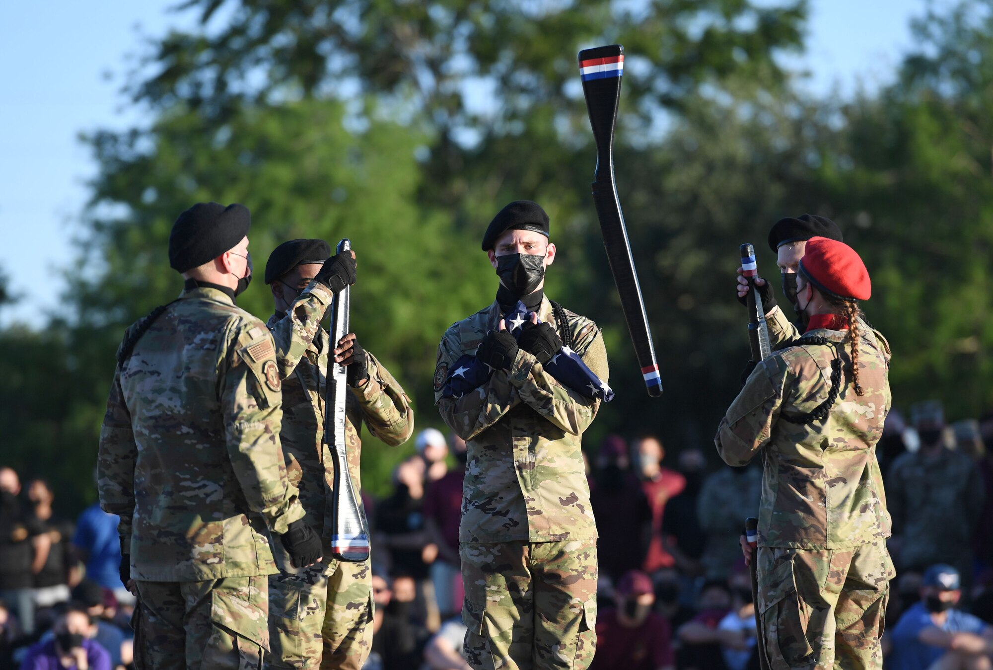 Members of the 336th Training Squadron freestyle drill team performs during the 81st Training Group drill down on the Levitow Training Support Facility drill pad at Keesler Air Force Base, Mississippi, May 6, 2021. Airmen from the 81st TRG competed in a quarterly open ranks inspection, regulation drill routine and freestyle drill routine. While in training, Airmen are given the opportunity to volunteer to learn and execute drill down routines. (U.S. Air Force photo by Kemberly Groue)