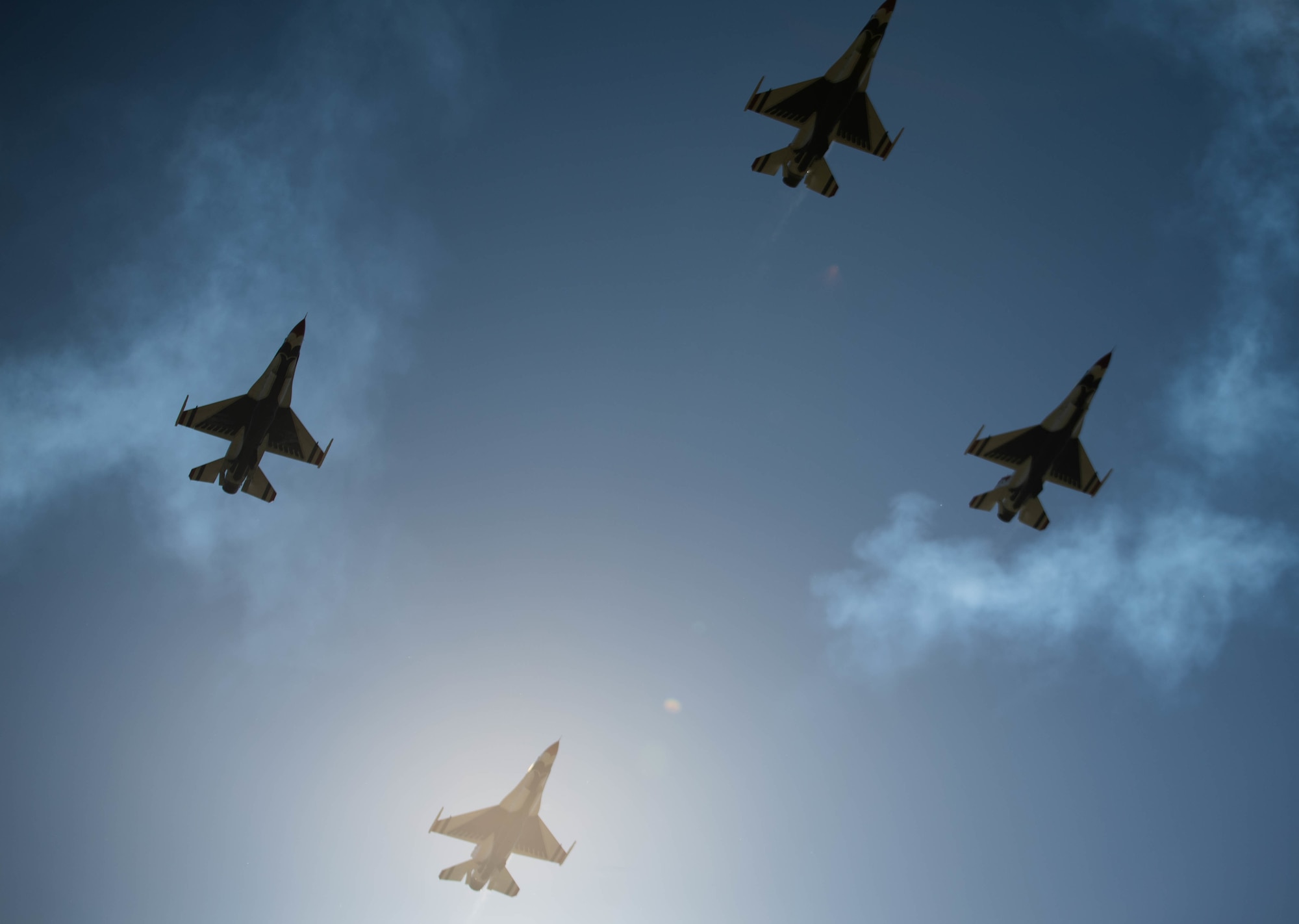 The United States Air Force Air Demonstration Squadron “Thunderbirds” perform in the 2021 Barksdale Defenders of Liberty Air & Space Show at Barksdale Air Force Base, Louisiana, May 7, 2021. Serving as the U.S. Air Force's "Ambassadors in Blue", the Thunderbirds showcase the high level of skill, professionalism, teamwork, discipline and dedication inherent in the men and women of the Air Force. (U.S. Air Force photo by Senior Airman Jacob B. Wrightsman)