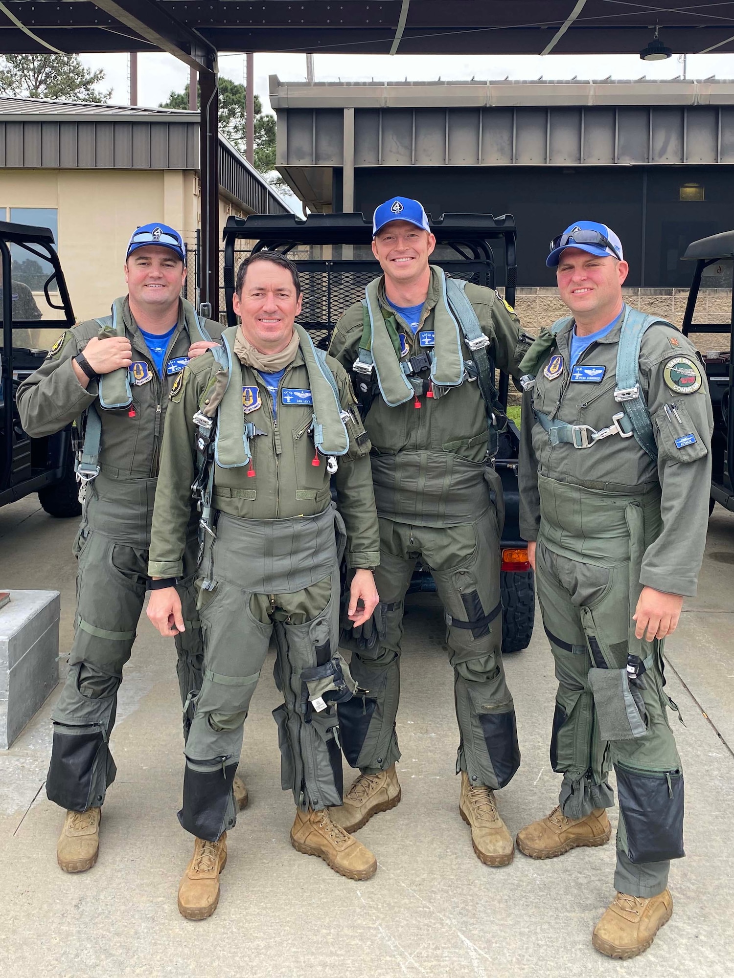 (Left to Right) Majors Robert Carpenter, Daniel Levy, James Buchanan, and Ryan Cummings, 47th Fighter Squadron pilots, pose for a photo before stepping to their A-10 Thunderbolt IIs during the Hawgsmoke 2021 competition at Moody Air Force Base, Ga., April 13-17, 2021. The competition consisted of A-10 Thunderbolt II four-ship teams from around the world fighting to be considered the ‘Best of the Best’ in ground attack and target destruction. These pilots brought home 2nd place overall. The 47th FS, a flying squadron in the 924th Fighter Group at Davis-Monthan Air Force Base, Arizona, is a Geographically Separated Unit of the 944th Fighter Wing.