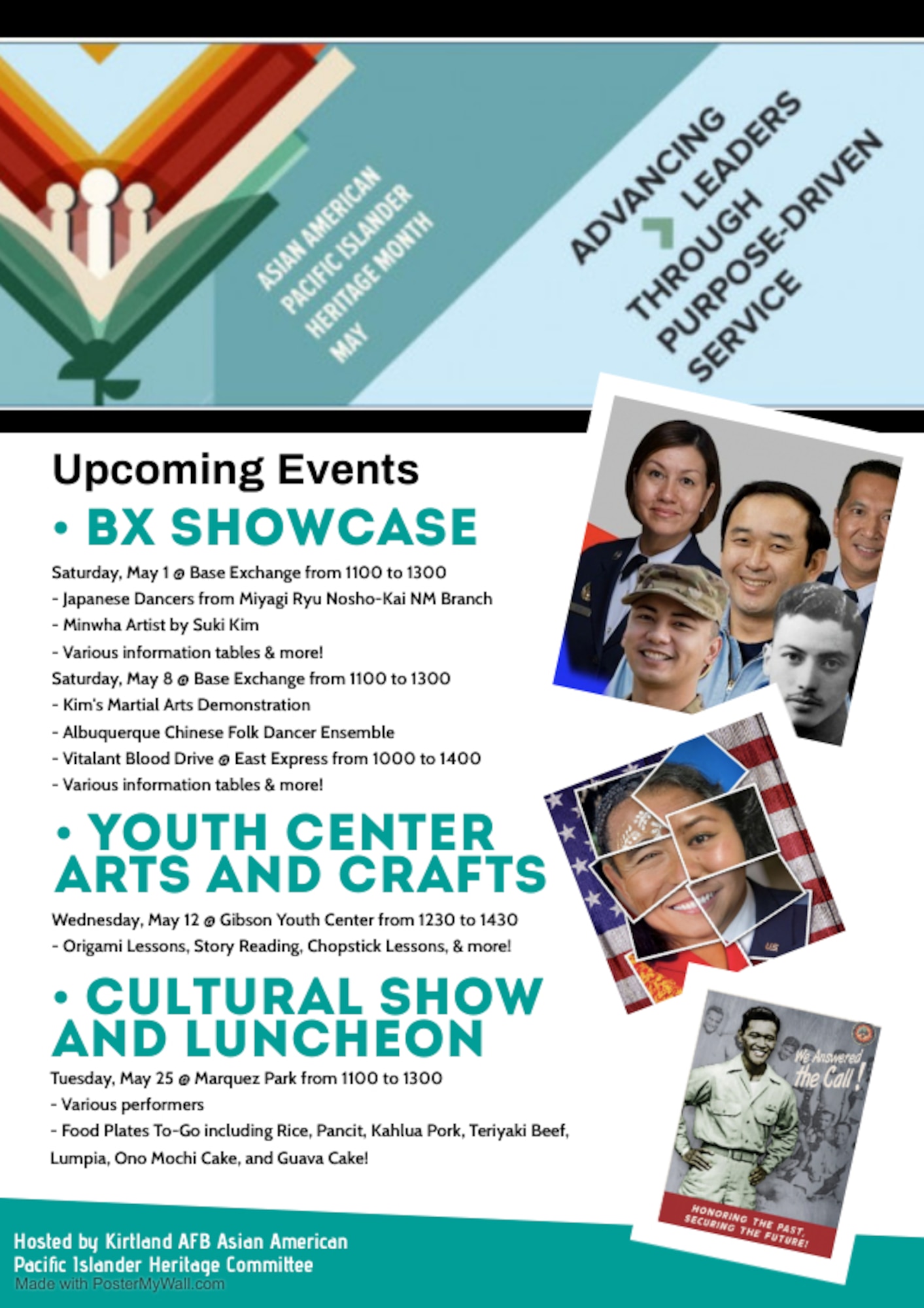 List of upcoming events, on the left, to celebrate Asian American Pacific Islander heritage month. On the right, images of various Asian American Pacific Islanders serving in the military throughout history.