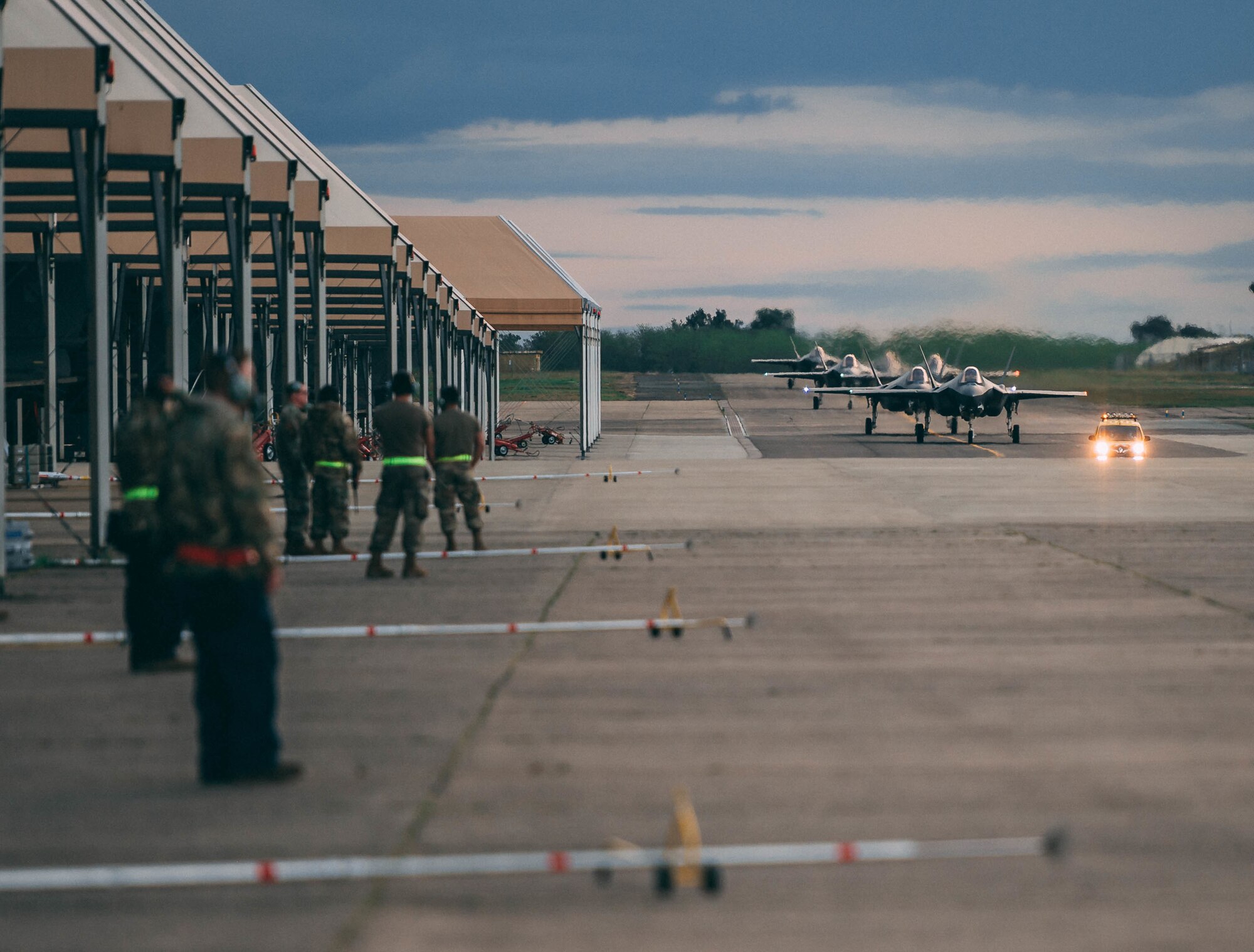 U.S. Air Force F-35A Lightning IIs assigned to the 4th Fighter Squadron, Hill Air Force Base, Utah, taxi down the flightline at Mont-de-Marsan Air Base, France, upon arrival May 10, 2021. During their time in the European theater, the 4th FS aircraft will participate in multiple events, including Atlantic Trident 21, underscoring the steadfast U.S. commitment to the region and enhancing interoperability with NATO allies and partners. (U.S. Air Force photo by Staff Sgt. Alexander Cook)