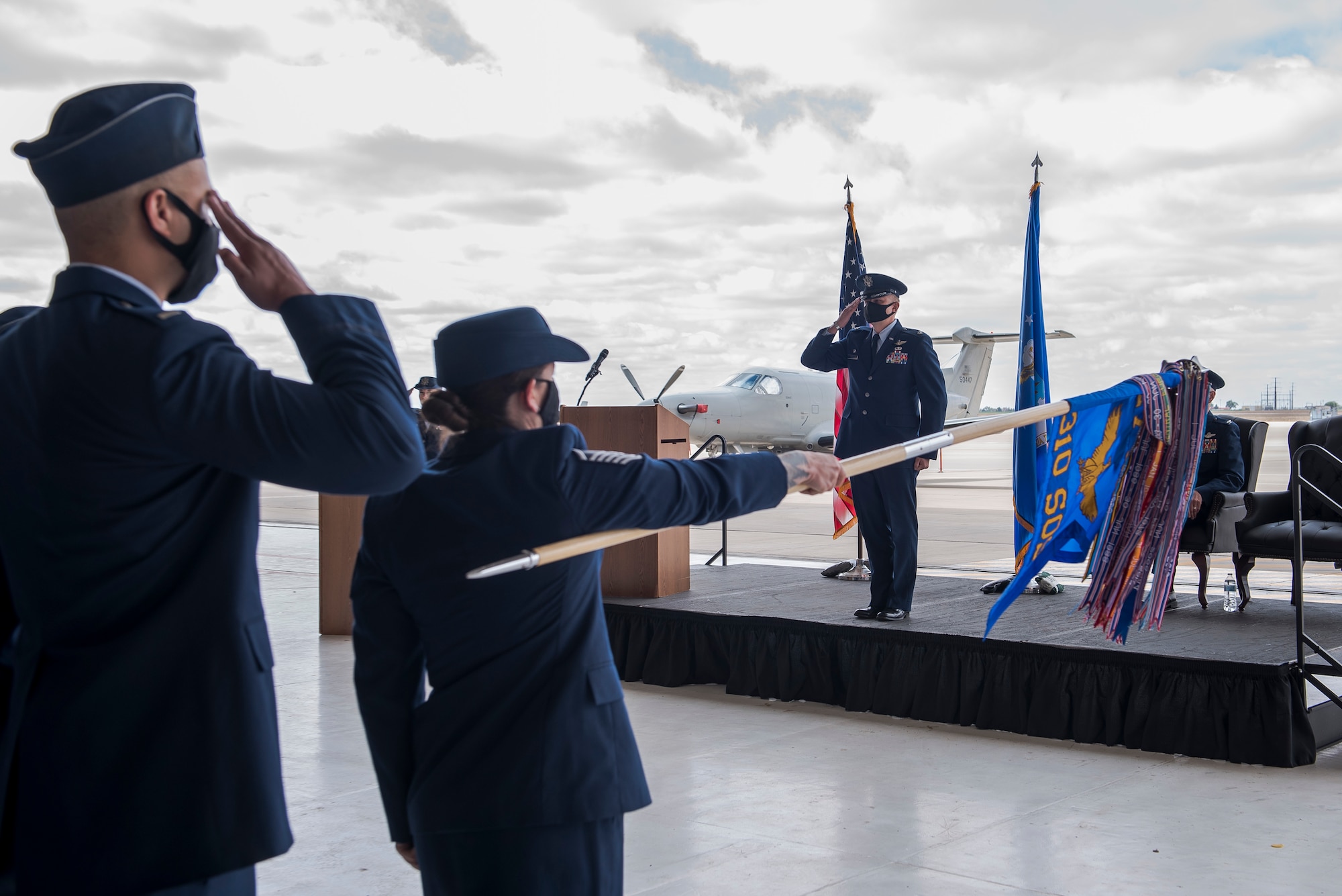 Members of the 310th Special Operations Squadron give Air Force Lt. Col. Joshua Stinson (right), 310 SOS commander, his first salute at the 310 SOS activation ceremony at Cannon Air Force Base, N.M., May 4, 2021. The 310 SOS was activated recently to align with the Air Force Special Operations Command’s new deployment plans, providing a more sustainable and predictable deployment cycle to allow Air Commandos more time at home station to develop themselves and the culture of the squadron. (U.S. Air Force photo by Senior Airman Vernon R. Walter III)