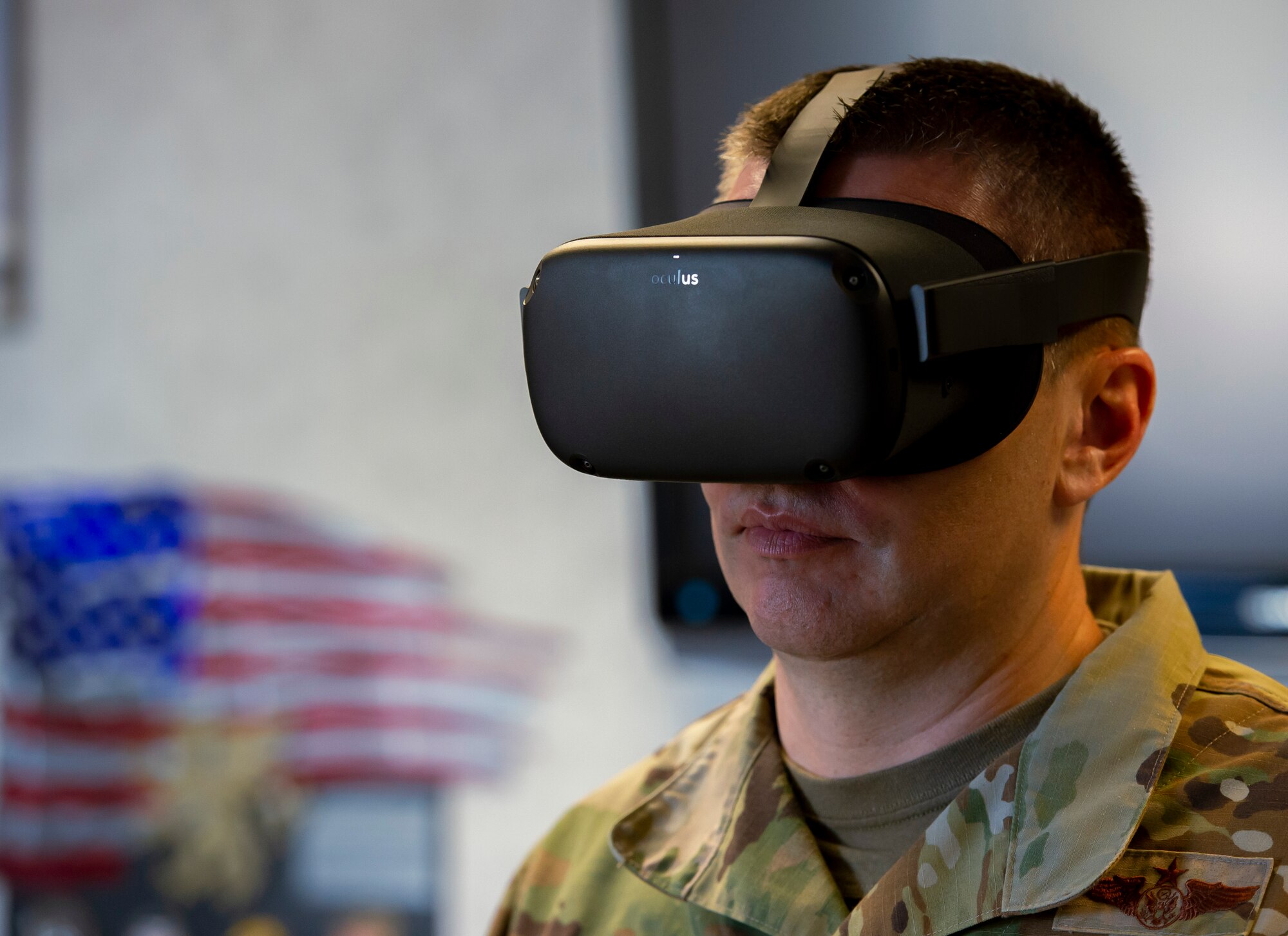 Chief Master Sgt. Nathan Parks, 434th Air Refueling Wing command chief, took part in the suicide prevention virtual reality training demo on April 30, 2021. The 30-minute training is aimed to familiarize Airmen with suicide prevention skills. The training involves putting on a virtual reality headset and entering a scenario where they interact with an Airman in distress. (U.S. Air Force photo by Senior Airman Jonathan Stefanko)