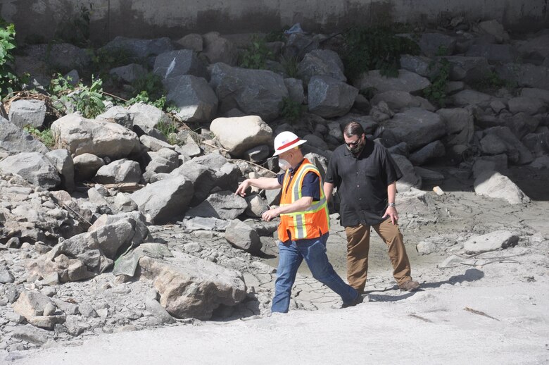 Reach 2a project manager Trevor Snyder, black shirt, and biologist Jon Rishi check for nesting birds as they transit an overpass above the Los Angeles River, May 4, 2021. The U.S. Army Corps of Engineers Los Angeles District is working on a toe repair project along the Los Angeles River near Glendale.