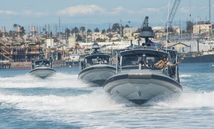 Sailors assigned to Coastal Riverine Squadron (CRS) 1 underway in transit at San Diego bay during a live fire exercise conducted by Coastal Riverine Group (CRG) 1 Training and Evaluation Unit (TEU).