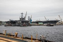 USS Harry S. Truman (CVN 75) underway to depart Norfolk Naval Shipyard (NNSY) for sea trials following completion of its Extended Carrier Incremental Availability (ECIA).
