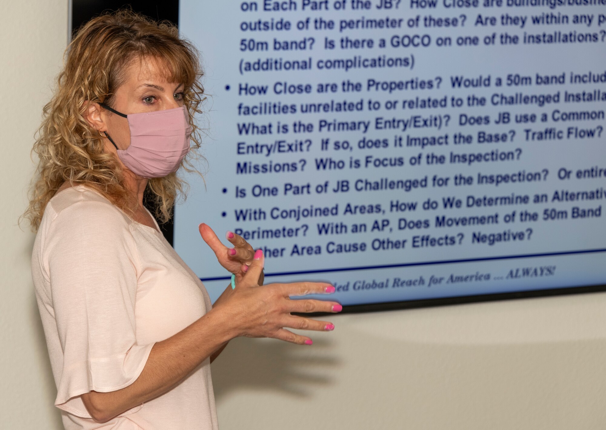 Roseanne Fisher, Joint Base McGuire-Dix-Lakehurst lead training coordinator, conducts a briefing during an Air Mobility Command Treaty Workshop May 11, 2021, at Travis Air Force Base, California. The International Treaty Compliance Office ensures the requirements for implementing and complying with international arms control and non-proliferation agreements. (U.S. Air Force photo by Heide Couch)