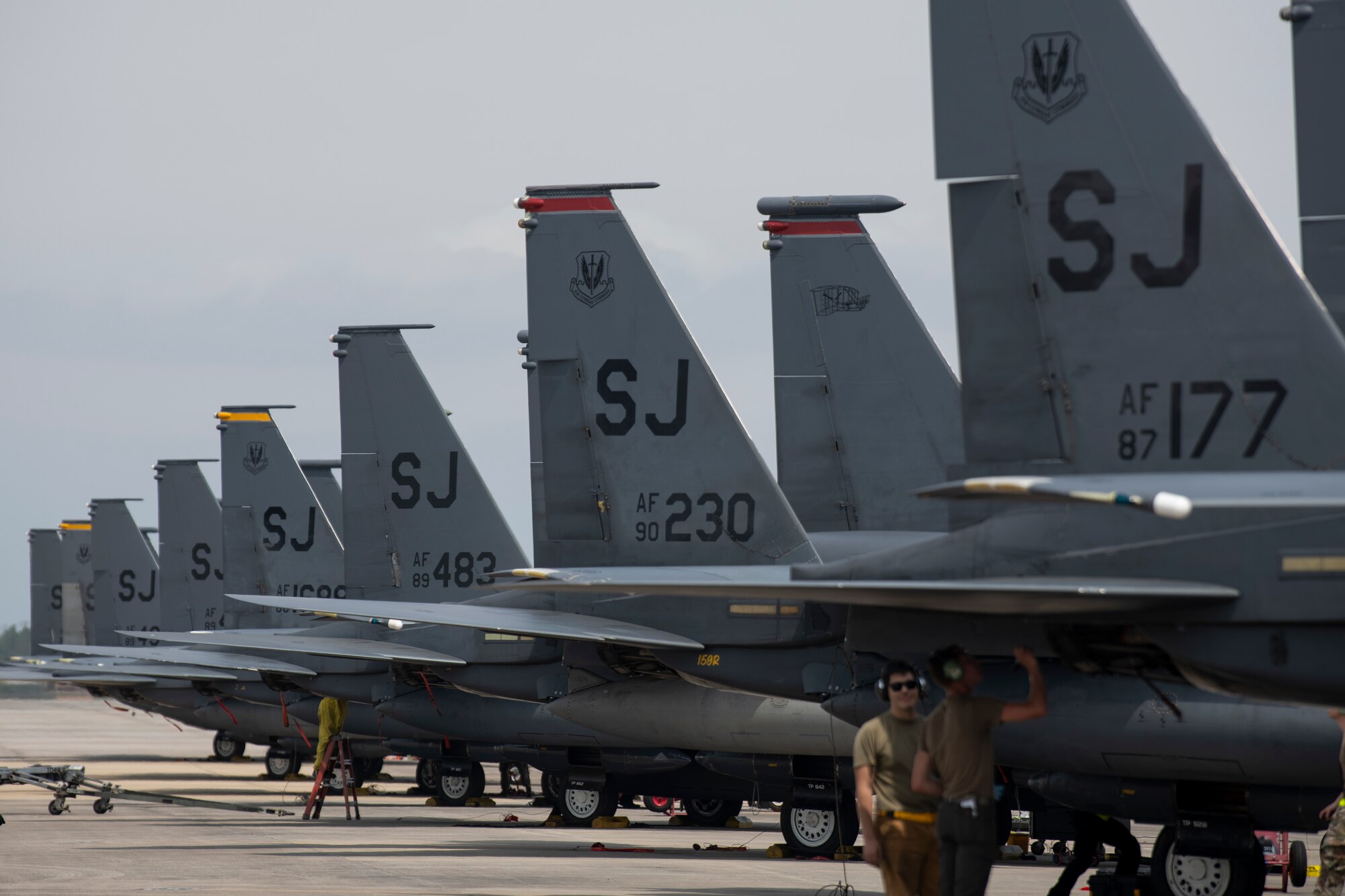 Several F-15E Strike Eagles, assigned to the 4th Fighter Wing, sit on the ramp for Agile Flag 21-2 at Tyndall Air Force Base, Fla., April 30, 2021. Air Combat Command developed the experiment to create a lead wing, aligning squadrons from different locations under a single commander, enhancing their readiness as a team before deploying into a contested environment.