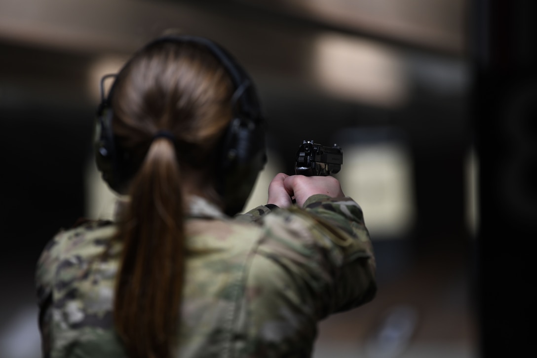 Airman 1st Class Samantha Lippert, 31st Security Forces Squadron (SFS) member, shoots an M9 Beretta in an “Excellence Competition” at Aviano Air Base, Italy, May 12, 2021. Airmen participated in a combat in arms competition. Police Week recognizes the service and sacrifice of U.S. law enforcement members, paying special tribute to those who have lost their lives in the line of duty for the safety and protection of others. (U.S. Air Force photo by Senior Airman Ericka A. Woolever)