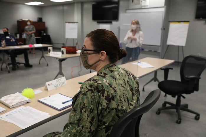 Naval Shipyard (NNSY) Commander Capt. Dianna Wolfson speaks with shipyard management and its labor partners during a Labor Management Summit April 7.