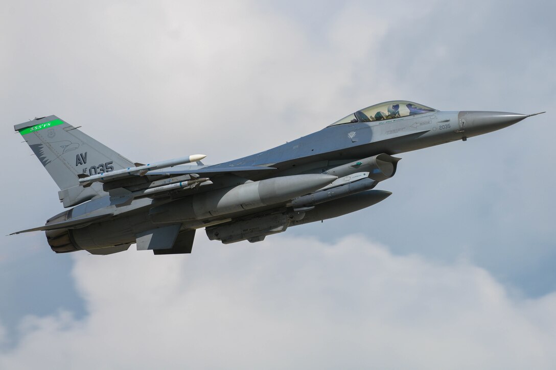 A U.S. Air Force F-16 Fighting Falcon assigned to the 555th Fighter Squadron participating in Astral Knight 2021 (AK21) takes off at Aviano Air Base, Italy, May 13, 2021. This integrated air and missile defense exercise focuses on defending key terrain and is involving different flight operations and computer-assisted scenarios. (U.S. Air Force photo by Airman 1st Class Brooke Moeder)