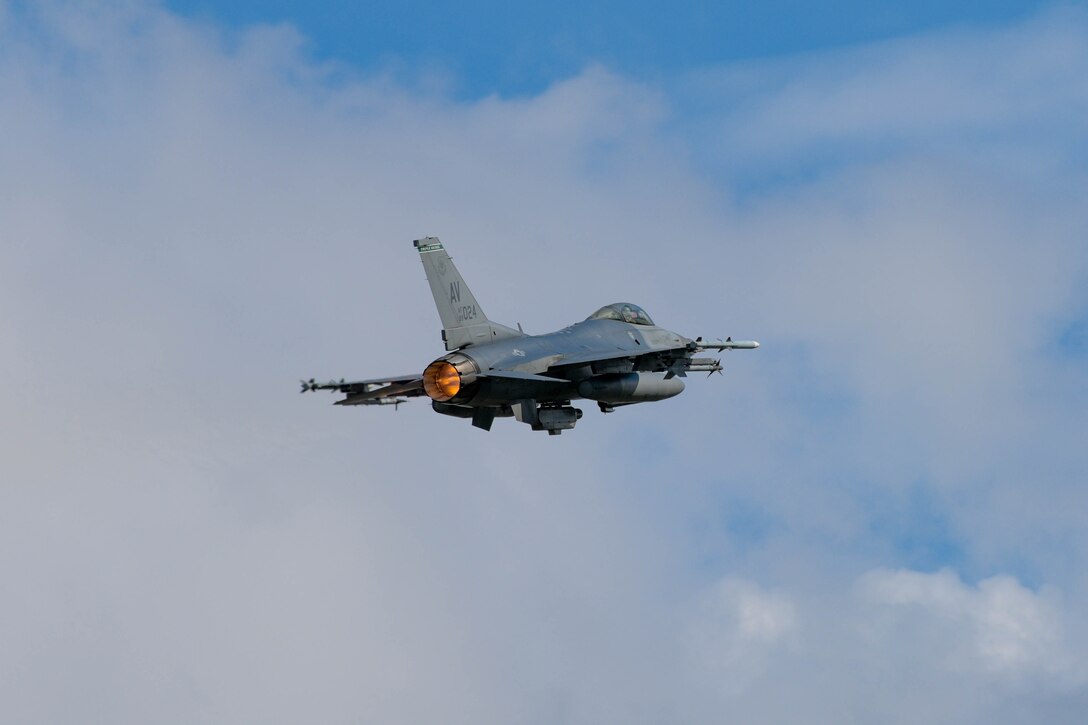 A U.S. Air Force F-16 Fighting Falcon assigned to the 555th Fighter Squadron participating in Astral Knight 2021 (AK21) takes off at Aviano Air Base, Italy, May 13, 2021. This integrated air and missile defense exercise focuses on defending key terrain and is involving different flight operations and computer-assisted scenarios. (U.S. Air Force photo by Airman 1st Class Brooke Moeder)