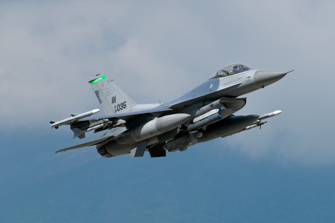A U.S. Air Force F-16 Fighting Falcon assigned to the 555th Fighter Squadron participating in Astral Knight 2021 (AK21) takes off at Aviano Air Base, Italy, May 13, 2021. This integrated air and missile defense exercise focuses on defending key terrain and is involving different flight operations and computer-assisted scenarios. (U.S. Air Force photo by Airman 1st Class Brooke Moeder)