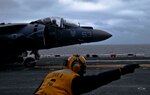 210513-M-TU241-1050 NORTH SEA (May 13, 2021) An AV-8B Harrier II with the 24th Marine Expeditionary Unit (MEU) prepares for takeoff during a long range strike training evolution aboard the Wasp-class amphibious assault ship USS Iwo Jima (LHD 7), May 13, 2021. 24th MEU, embarked with the Iwo Jima Amphibious Ready Group, is forward deployed in the U.S. Sixth Fleet area of operations in support of U.S. national security interests in Europe and Africa. (U.S. Marine Corps photo by Sgt. Isaiah Campbell/Released)
