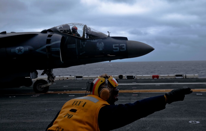 210513-M-TU241-1050 NORTH SEA (May 13, 2021) An AV-8B Harrier II with the 24th Marine Expeditionary Unit (MEU) prepares for takeoff during a long range strike training evolution aboard the Wasp-class amphibious assault ship USS Iwo Jima (LHD 7), May 13, 2021. 24th MEU, embarked with the Iwo Jima Amphibious Ready Group, is forward deployed in the U.S. Sixth Fleet area of operations in support of U.S. national security interests in Europe and Africa. (U.S. Marine Corps photo by Sgt. Isaiah Campbell/Released)