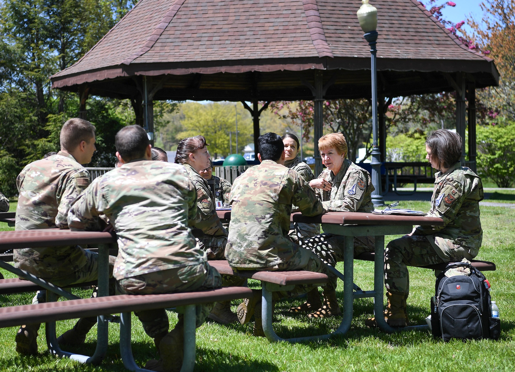 Air Force Surgeon General Lt. Gen. Dorothy Hogg speaks with medical officers from the 66th Medical Squadron during a luncheon at Hanscom Air Force Base, Mass., May 11. During her visit, Hogg spoke with Airmen about training and development opportunities throughout the Air Force Medical Service. (U.S. Air Force photo by Lauren Russell)