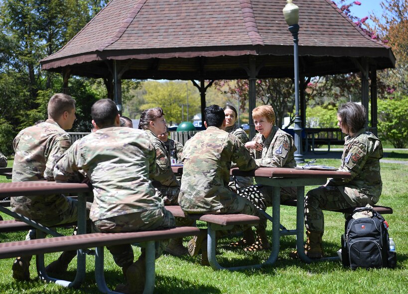Air Force Surgeon General Lt. Gen. Dorothy Hogg speaks with medical officers from the 66th Medical Squadron during a luncheon at Hanscom Air Force Base, Mass., May 11. During her visit, Hogg spoke with Airmen about training and development opportunities throughout the Air Force Medical Service. (U.S. Air Force photo by Lauren Russell)