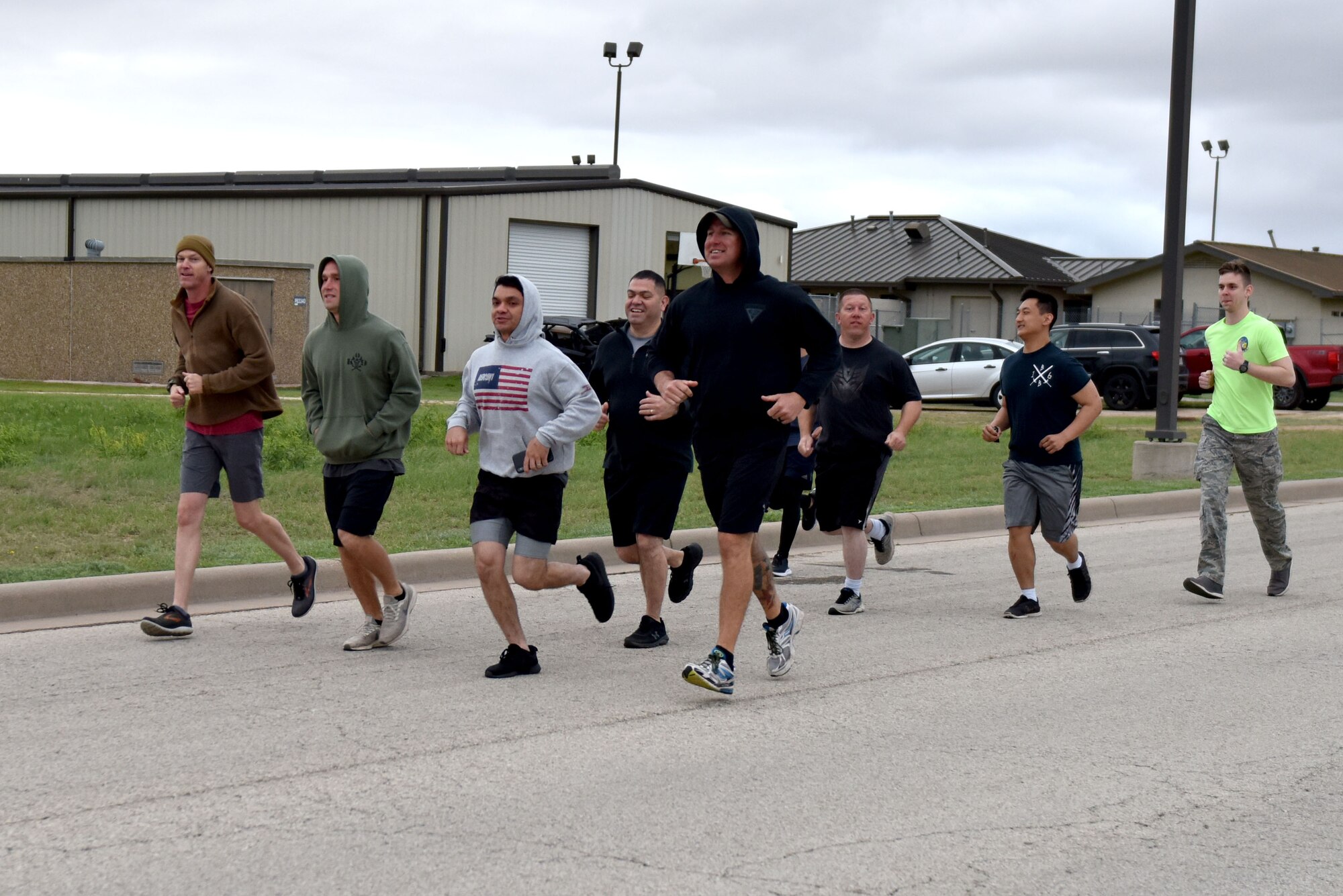 Goodfellow members start a four mile run and obstacle course on Goodfellow Air Force Base, Texas, May 12, 2021. The run and obstacle course was one of several events held on Goodfellow in honor of National Police Week. (U.S. Air Force photo by Staff Sgt. Seraiah Wolf)