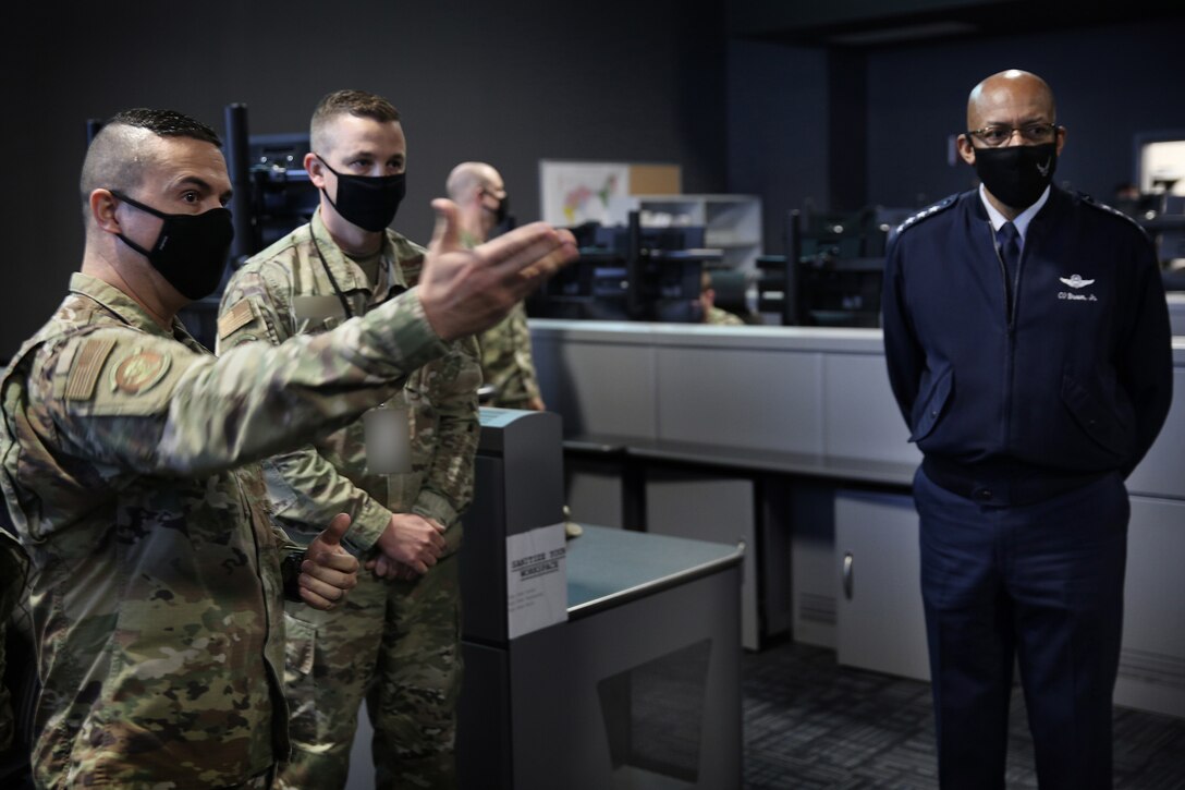 Gen. Charles Q. Brown, Jr., Chief of Staff of the Air Force, is briefed by Cyber National Mission Force members on full-spectrum cyber operations during his visit to U.S. Cyber Command, at Fort George G. Meade, Md., May 10, 2021.
