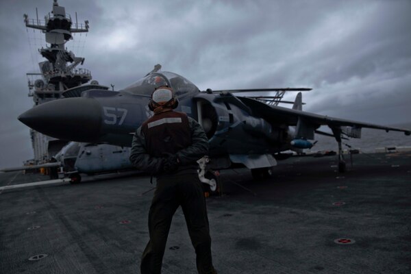 210513-M-TU241-1009 NORTH SEA (May 13, 2021) An AV-8B Harrier II with the 24th Marine Expeditionary Unit (MEU) prepares for takeoff during a long range strike training evolution aboard the Wasp-class amphibious assault ship USS Iwo Jima (LHD 7), May 13, 2021. 24th MEU, embarked with the Iwo Jima Amphibious Ready Group, is forward deployed in the U.S. Sixth Fleet area of operations in support of U.S. national security interests in Europe and Africa. (U.S. Marine Corps photo by Sgt. Isaiah Campbell/Released)