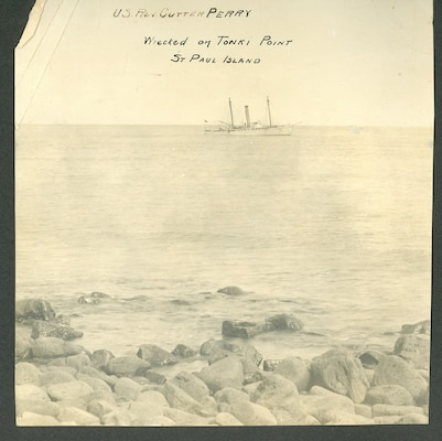 A photo of the wreck of US Revenue Cutter Perry off St. Paul Island, 1910.