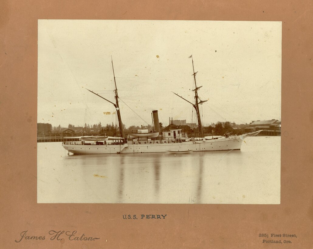 A photo of the U.S. Revenue Cutter PERRY taken by James H. Eaton, of 285-1/2 First Street, Portland, Oregon. No date listed.