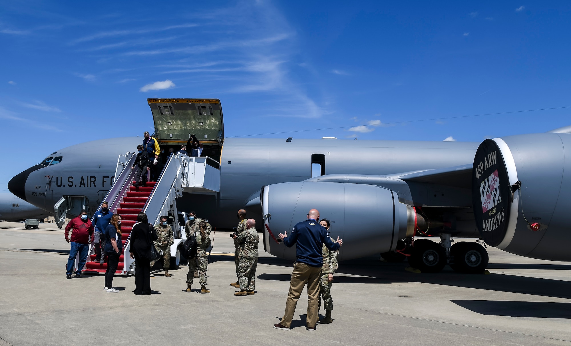 Dover Air Force Base honorary commanders tour a KC-135 Stratotanker from the 756th Air Refueling Squadron during a visit to Joint Base Andrews, Maryland, May 10, 2021. The KC-135 Stratotanker provides aerial refueling support to Air Force, Navy, Marine Corps and allied nation aircraft and is also capable of transporting litter and ambulatory patients using patient support pallets during aeromedical evacuations. (U.S. Air Force photo by Airman 1st Class Stephani Barge)