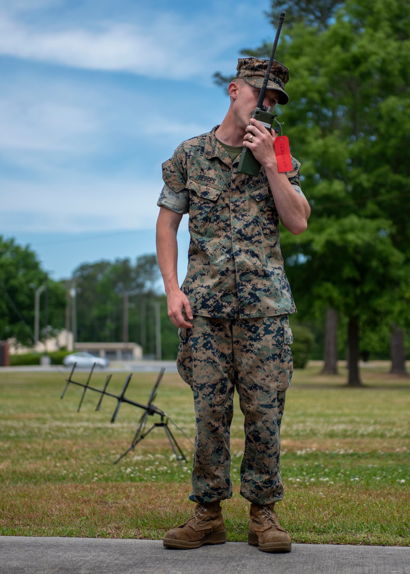 Cpl. David Hedges, field radio operators with Headquarters Battalion Company 2nd Marine Division, performs operational checks on a PRC-152 radio set in preparation for testing on the Secure Communications Controller at Seymour Johnson Air Force Base, North Carolina, May 5, 2021.