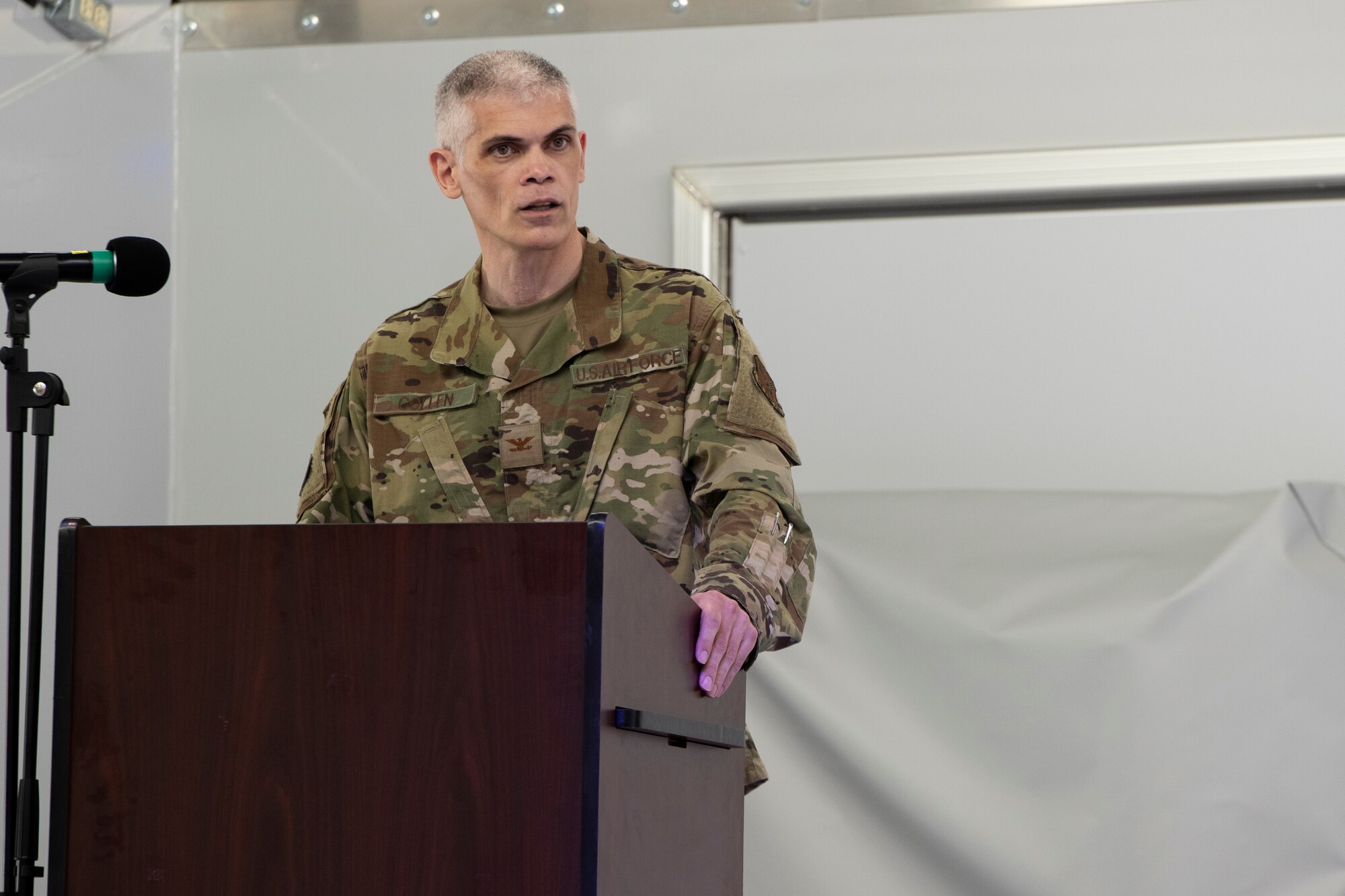 U.S. Air Force Col. Steven Collen, 325th Maintenance Group commander, addresses the group after assuming command at Tyndall Air Force Base, Florida, May 11, 2021.