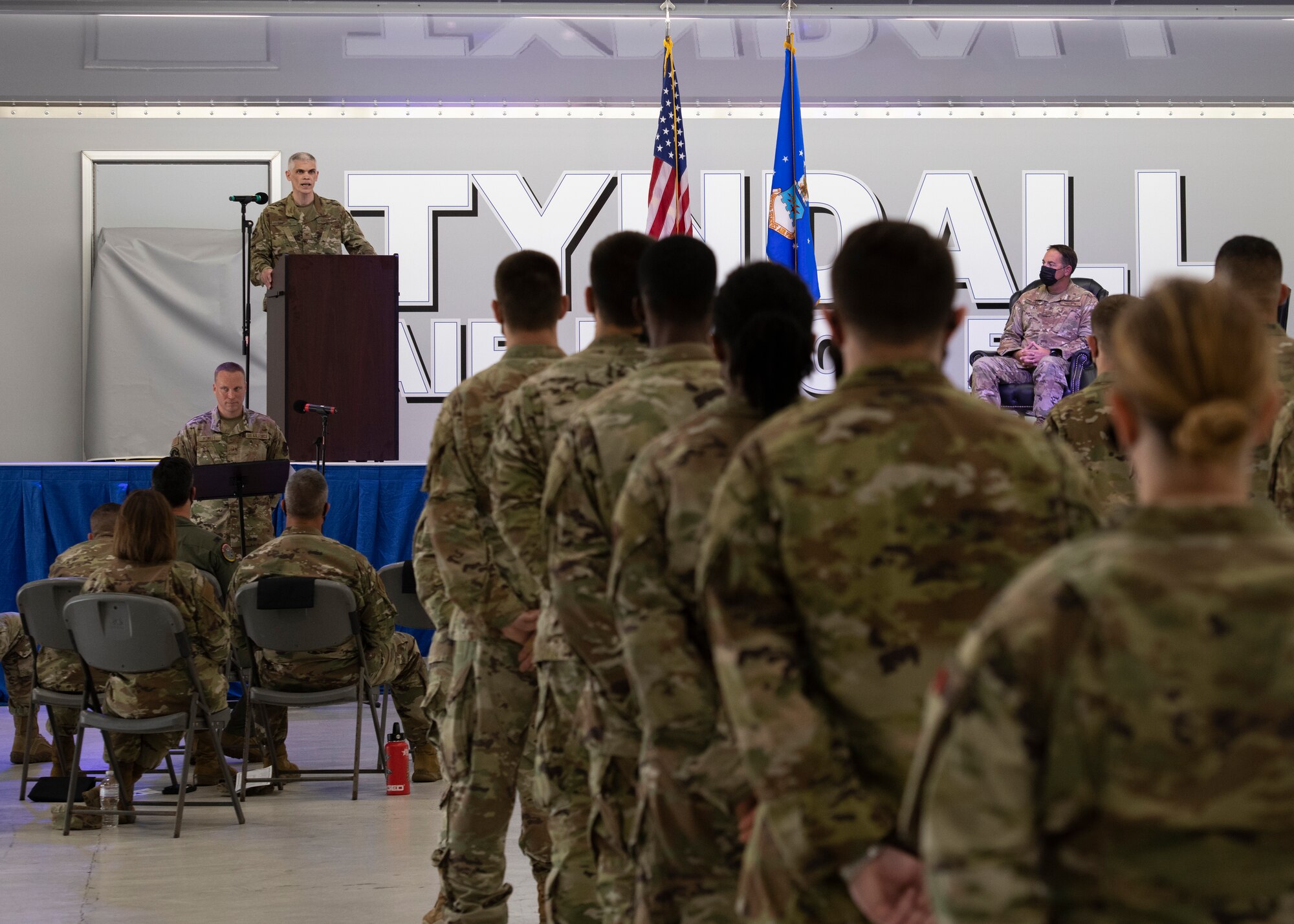 U.S. Air Force Col. Steven Collen, 325th Maintenance Group commander, addresses the group after assuming command at Tyndall Air Force Base, Florida, May 11, 2021.