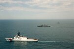 The Legend-class cutter USCGC Hamilton (WMSL 753), Romanian surface asset FFG Mărășești, and Bulgarian surface asset BGS Bodry 14 conduct underway maneuvers in the Black Sea, May 13, 2021.