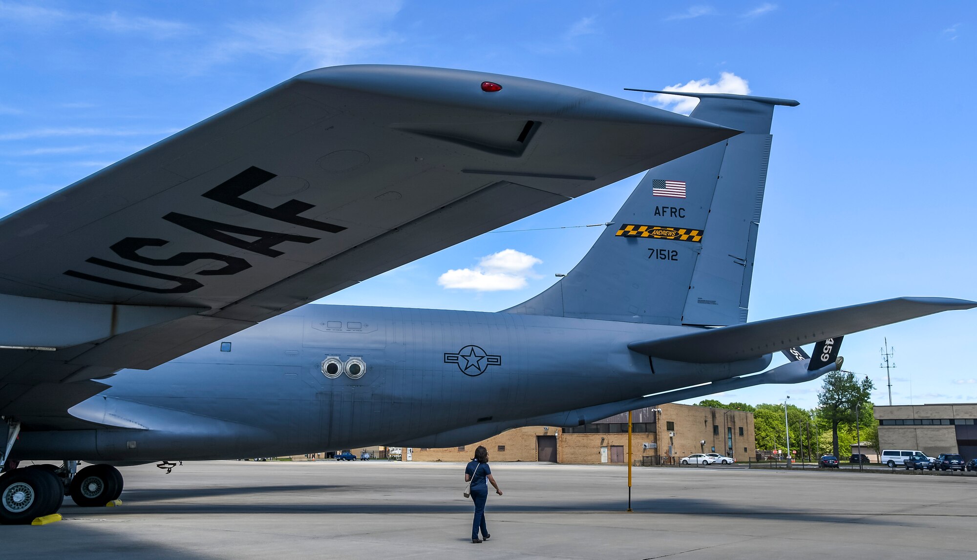 A Dover Air Force Base honorary commander tours a KC-135 Stratotanker from the 756th Air Refueling Squadron during a visit to Joint Base Andrews, Maryland, May 10, 2021. The KC-135 Stratotanker provides aerial refueling support to Air Force, Navy, Marine Corps and allied nation aircraft and is also capable of transporting litter and ambulatory patients using patient support pallets during aeromedical evacuations. (U.S. Air Force photo by Airman 1st Class Stephani Barge)
