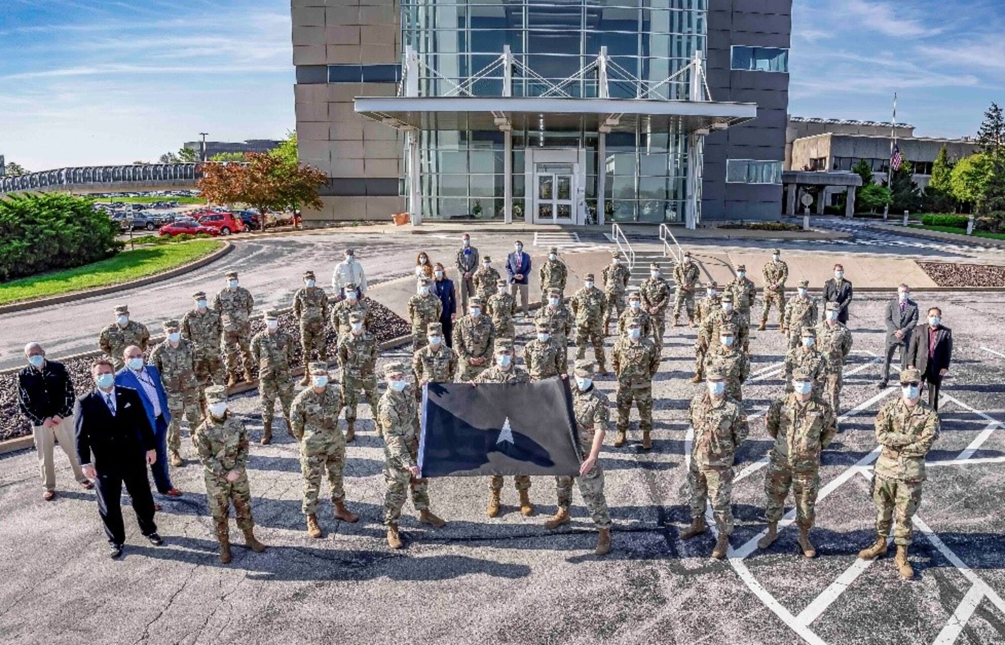 Participants of Space Flag 21-2 pose for a group photo on April 26, 2021, in St. Louis, Missouri.