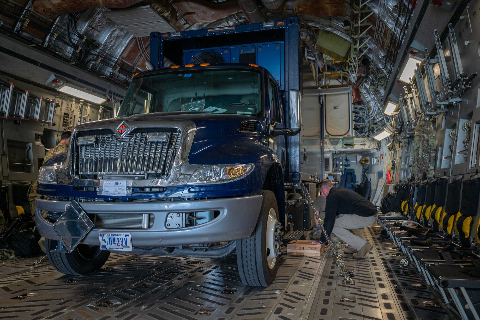 A mobile Analytical Laboratory System is loaded onto a C-17 Globemaster III at Dover Air Force Base, Delaware, May 13, 2021. Service members from 31st Civil Support Team, Delaware National Guard, participated in the first ALS airlift mission heading to Boulder Regional Training Center located in Boulder, Colorado. The ALS consists of multiple variants of laboratories, enabling operators to test on-site for chemical, radiological, biological and nuclear threats. (U.S. Air Force photo by Airman 1st Class Faith Schaefer)