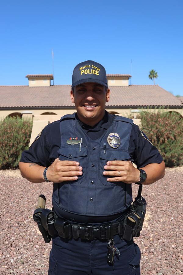 Military Police Officer Karl Bobbio poses for a photo at Marine Corps Air Station (MCAS) Yuma, May 12, 2021.