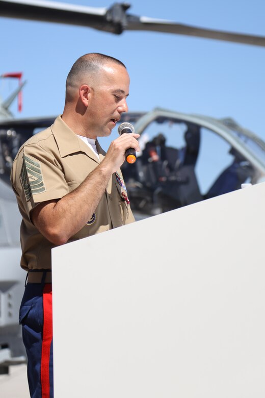 U.S. Marine Corps Master Sgt. Chris Medina gives a speech during a retirement ceremony on Marine Corps Air Station Yuma, April 30, 2021.   The ceremony honored MSgt Medina and the sacrifice he made while serving in the Marine Corps. (U.S. Marine Corps photo by LCpl. Matthew Romonoyske-Bean)