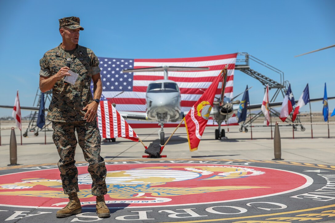 Lt. Col. Jim Paxton addresses the audience during a retirement ceremony at Marine Corps Air Station Yuma, April 30, 2021. The ceremony honored LtCol Paxton and the sacrifice he made while serving in the Marine Corps. (U.S. Marine Corps photo by Sgt. Jason Monty)