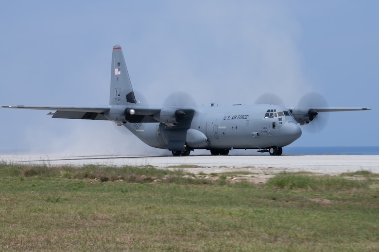 C-130J Super Hercules landing on island. runway