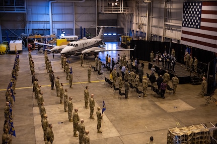 137th Special Operations Wing commanders, senior enlisted leaders and first sergeants attend a change of command ceremony with COVID-19 protocols at Will Rogers Air National Guard Base (WRANGB) in Oklahoma City, May 1, 2021. In the ceremony, Col. Daniel R. Fowler relinquished command to Maj. Gen. Michael Thompson, adjutant general for Oklahoma, and command of the Wing was then assumed by Col. Christopher D. Gries. (U.S. Air National Guard photo by Senior Master Sgt. Andrew M. LaMoreaux)