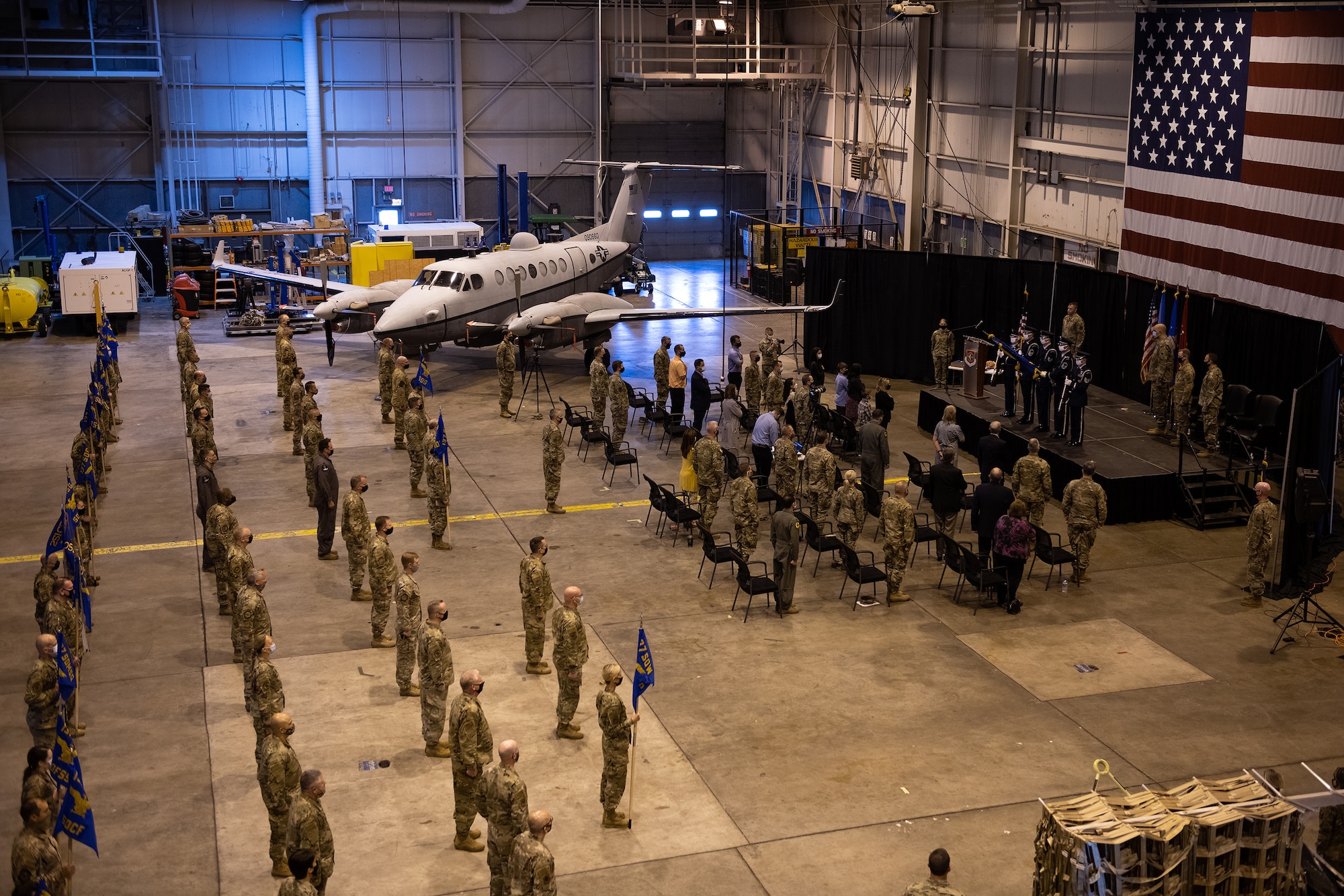 137th Special Operations Wing commanders, senior enlisted leaders and first sergeants attend a change of command ceremony with COVID-19 protocols at Will Rogers Air National Guard Base (WRANGB) in Oklahoma City, May 1, 2021. In the ceremony, Col. Daniel R. Fowler relinquished command to Maj. Gen. Michael Thompson, adjutant general for Oklahoma, and command of the Wing was then assumed by Col. Christopher D. Gries. (U.S. Air National Guard photo by Senior Master Sgt. Andrew M. LaMoreaux)