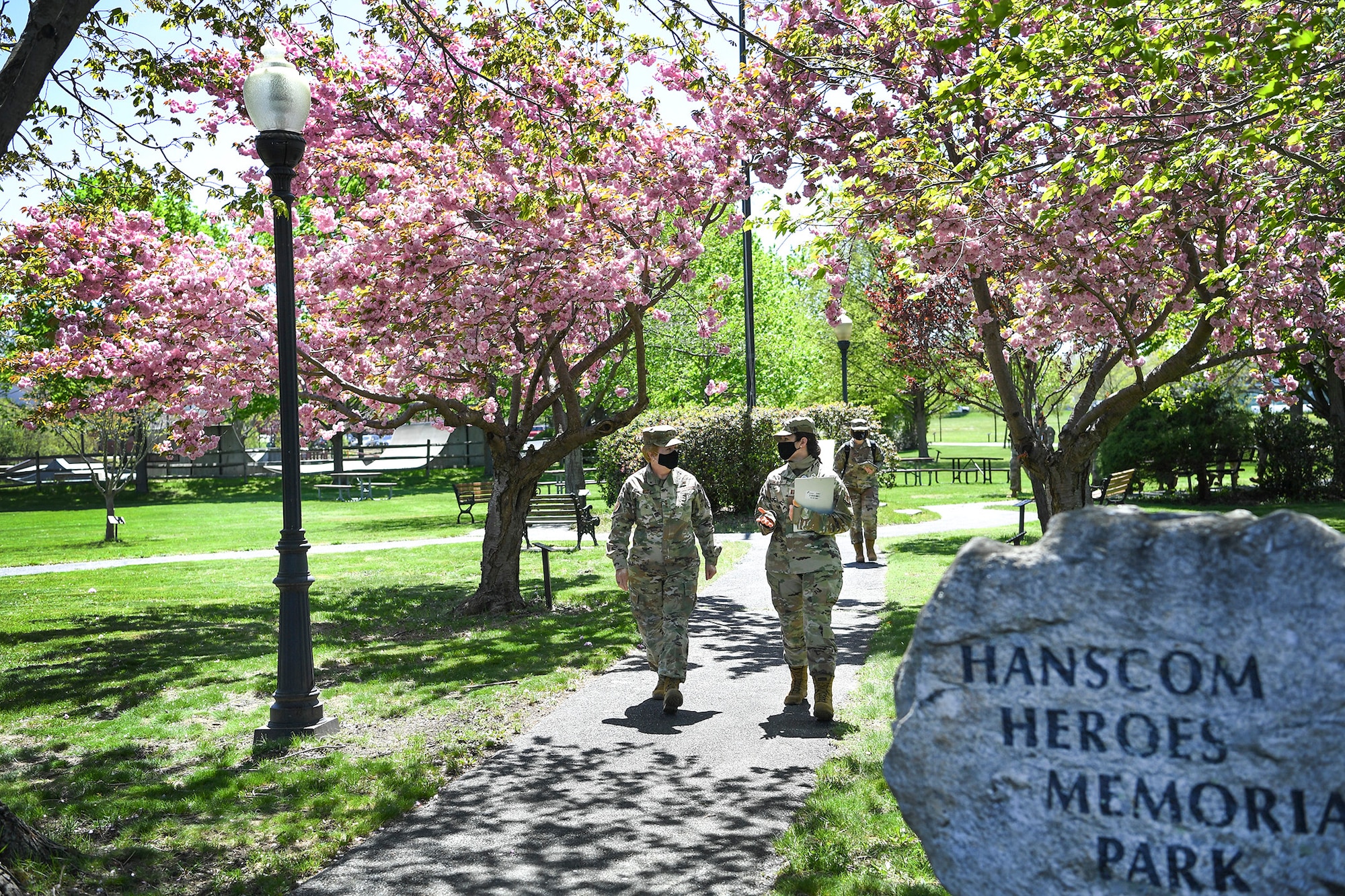 Lt. Gen. Dorothy Hogg, Air Force Surgeon General, walks with Capt. Jenifer Mouser, 66th Medical Squadron officer in charge of Laboratory and Radiology services, during a visit to Hanscom Air Force Base, Mass., May 11. During her visit, Hogg spoke with Airmen about training and development opportunities throughout the Air Force Medical Service. (U.S. Air Force photo by Lauren Russell)