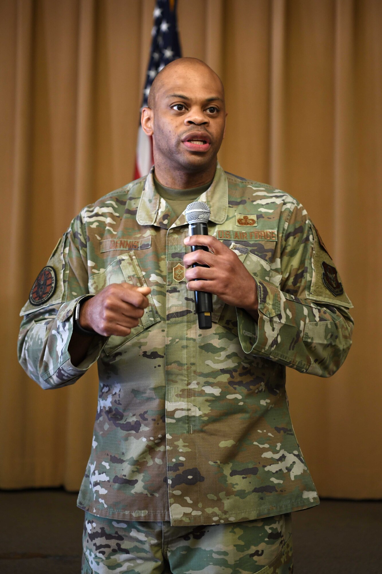 Air Force Reserve Command First Sergeant Functional Manager Chief Master Sgt. Travon Dennis shares his final thought about the first-ever Southwest Regional First Sergeants Symposium at Luke Air Force Base, Ariz., April 26-30. Dennis was proud of the team for exceeding his expectations and reminded them that they were not just crisis managers but a vital part in the leadership triad that ensures and supports a mission-ready force.