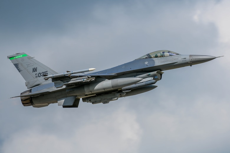 A U.S. Air Force Fighting Falcon assigned to the 555th Fighter Squadron participating in Astral Knight 2021 takes off at Aviano Air Base, Italy, May 13, 2021. Astral Knight 2021 is an integrated air and missile defense exercise focused on conducting integrated air and missile defense of various terrains. (U.S. Air Force photo by Airman 1st Class Brooke Moeder)