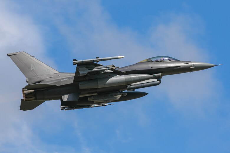 A U.S. Air Force Fighting Falcon assigned to the 555th Fighter Squadron takes off in support of Astral Knight 2021 at Aviano Air Base, Italy, May 13, 2021. Astral Knight 2021 is a joint multinational exercise involving Airmen, Soldiers, and Sailors from the United States and service members from the Croatian, Hellenic, Italian, and Slovenian forces. (U.S. Air Force photo by Airman 1st Class Brooke Moeder)