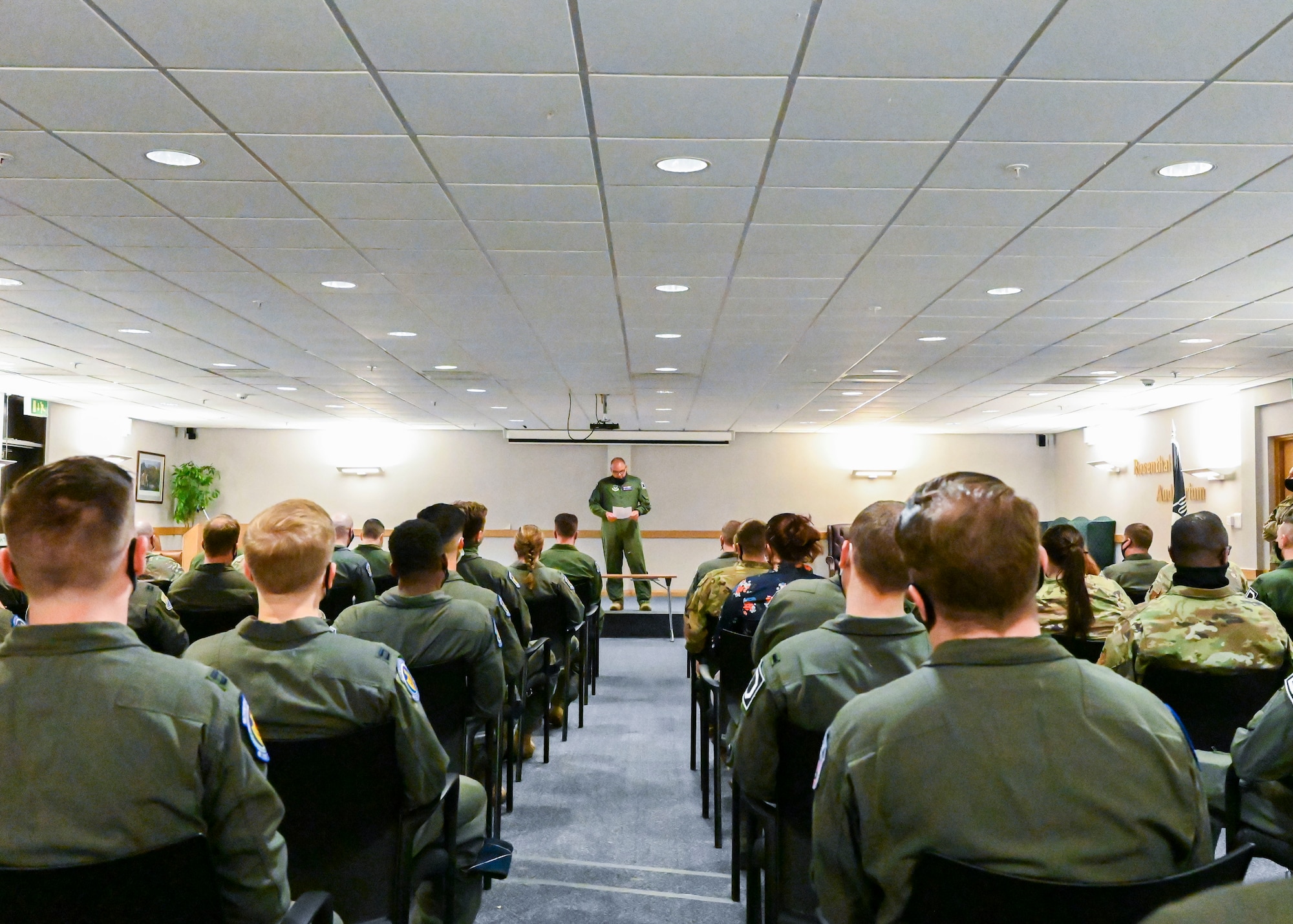 Lt. Col. Ryan Ferdinandsen, 351st Air Refueling Squadron commander, congratulates the squadron on their win of the 2020 Gen. Carl A. Spaatz Trophy for best performing air refueling squadron in the U.S. Air Force during a commander’s call at Royal Air Force Mildenhall, May 11, 2021. Since the award’s inception, the award has only been won by an overseas squadron twice; the 351st ARS made history in 2014 as the first overseas unit to be named the most outstanding air refueling squadron in the Air Force. (U.S. Air Force photo by Staff Sgt. Malissa Lott)