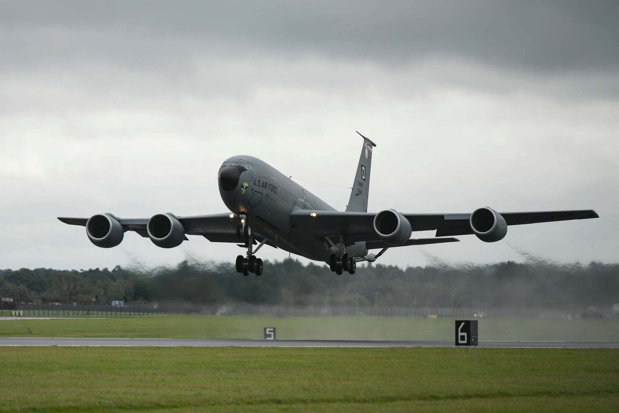 A U.S. Air Force KC-135 Stratotanker aircraft assigned to the 100th Air Refueling Wing takes off at Royal Air Force Mildenhall, England, Oct. 8, 2020. The 100th ARW is the only permanent U.S. air refueling wing in the European theater, providing the critical air refueling "bridge" which allows the expeditionary Air Force to deploy around the globe at a moment's notice. (U.S. Air Force photo by Staff Sgt. Lexie West)