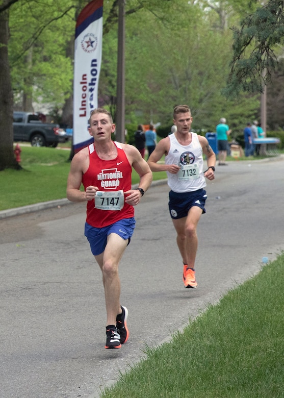 Staff Sgt. Tyler Lundquist run in the Lincoln Marathon in Lincoln, Nebraska, on May 2. Lundquist was the fourth male Guardsmen to finish, 26th overall and the fifth male in the 25-29 age group.