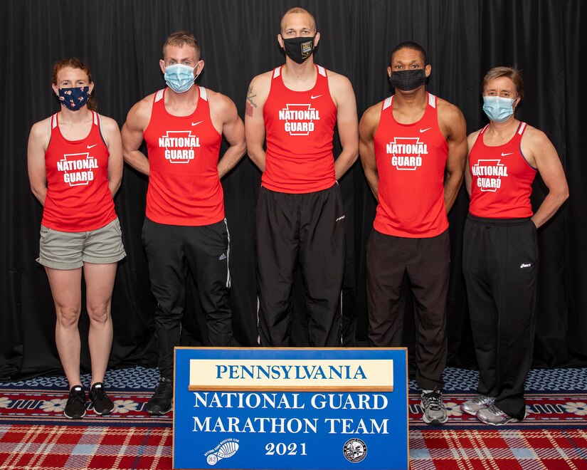 The Pennsylvania National Guard Marathon Team placed third in the team competition at the All-Guard Marathon Team time trial at the Lincoln Marathon in Lincoln, Nebraska, on May 2. Team members were, left to right, Chief Warrant Officer 3 Amanda Nesbitt, Staff Sgt. Tyler Lundquist, 1st Lt. Daniel Kysela, Staff Sgt. Earnest Fullwood, and Lt. Col. Deborah Fisher.
